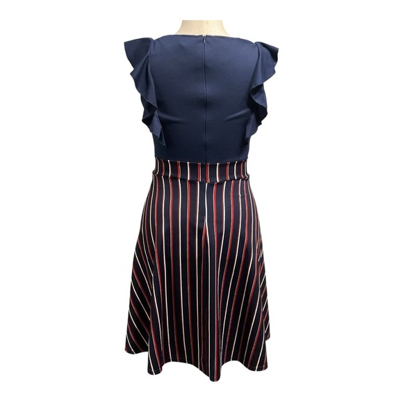 4/$20 Women’ s Navy and Red Striped Ruffle Sleeve Dress - Picture 3 of 7